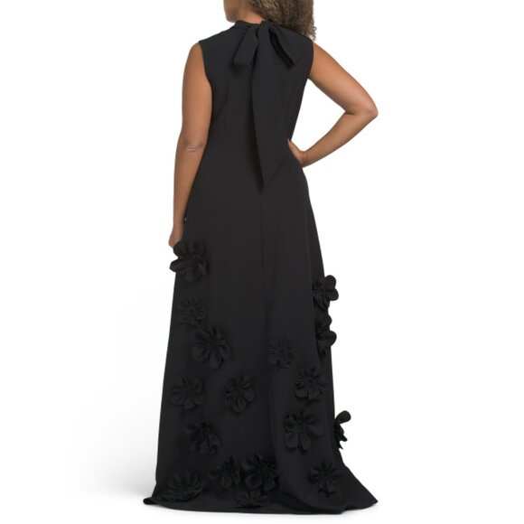 RENE BY RENE RUIZ Black Mock Neck Gown With 3d Appliques - Picture 2 of 2